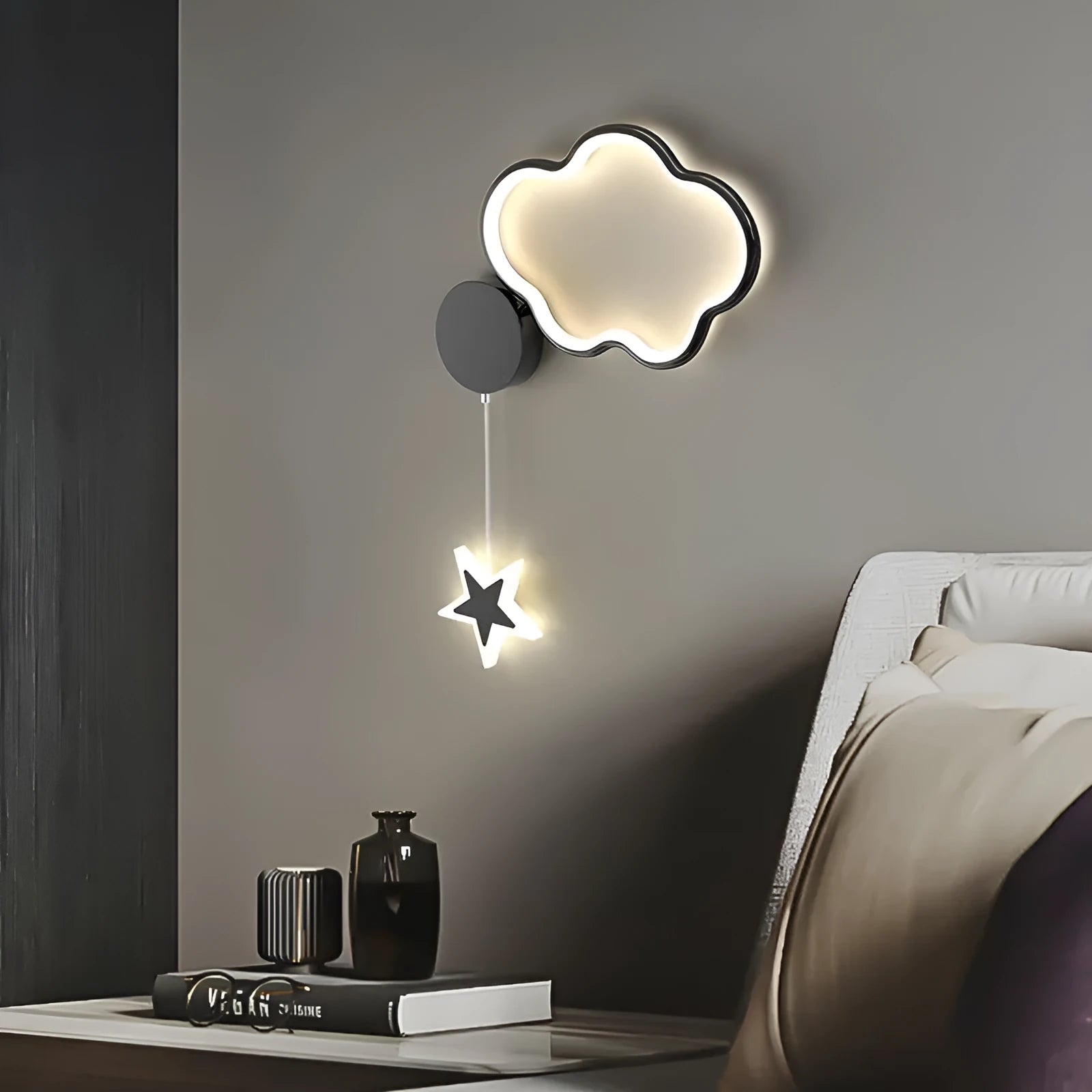 Cloud and star-shaped children's bedside wall lamp with LED lighting in black or white finish