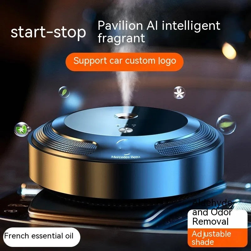 Car air freshener with vehicle logo design and USB charging cable on a car dashboard.