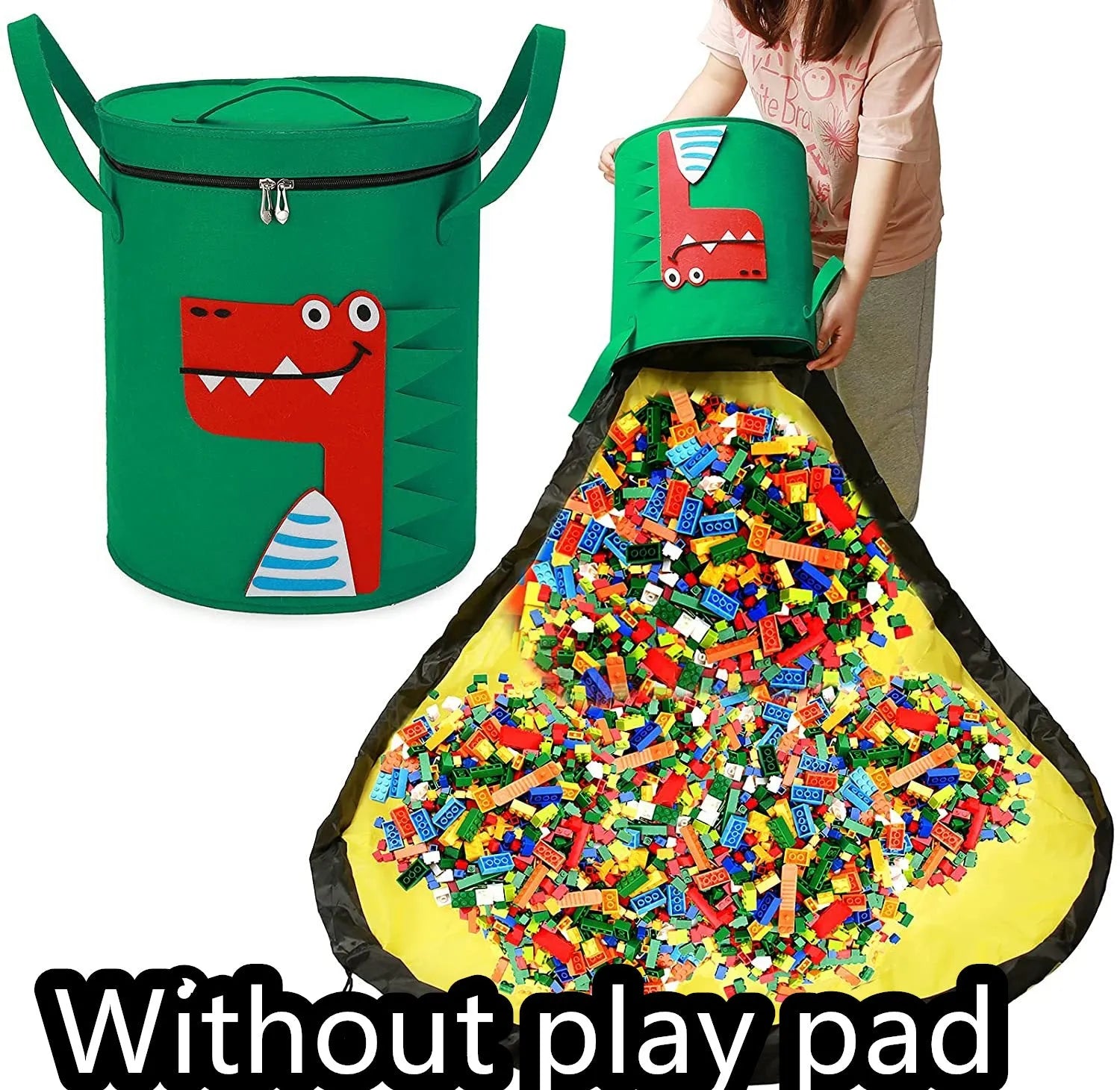 Green felt cube storage bag open as play mat with pull rope closure for toy organisation
