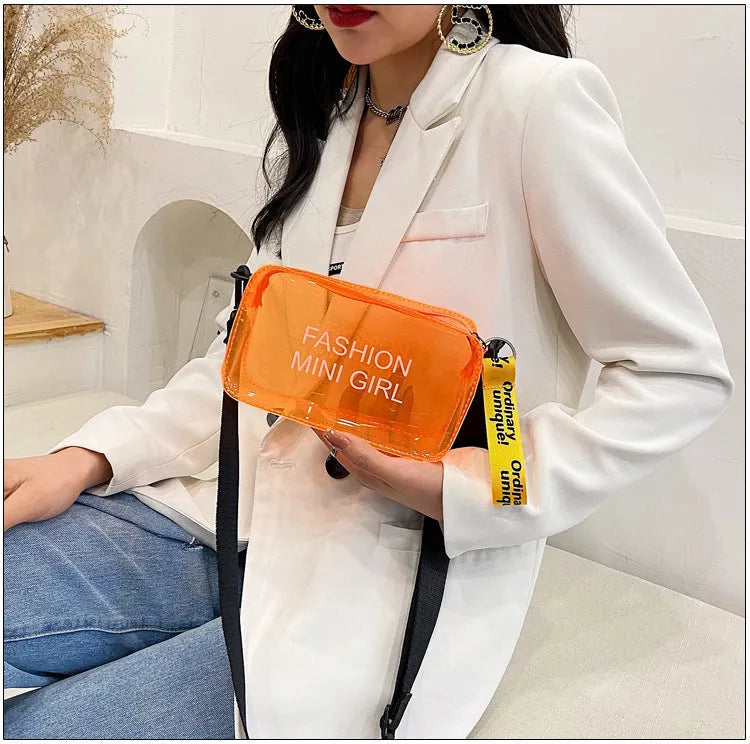 Clear square single shoulder bag made from PC plastic with adjustable strap in multiple colours