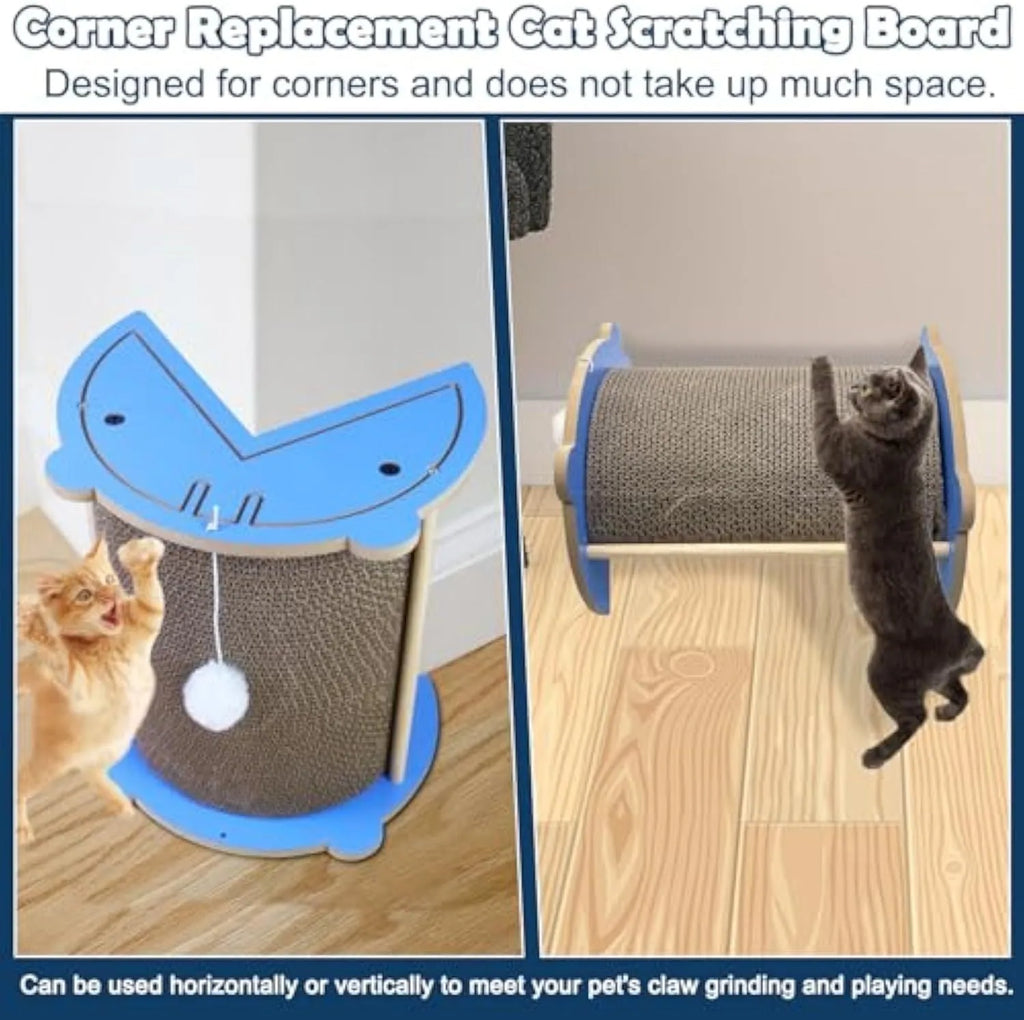 Grey cardboard corner cat scratcher with hanging ball mounted in a room corner.