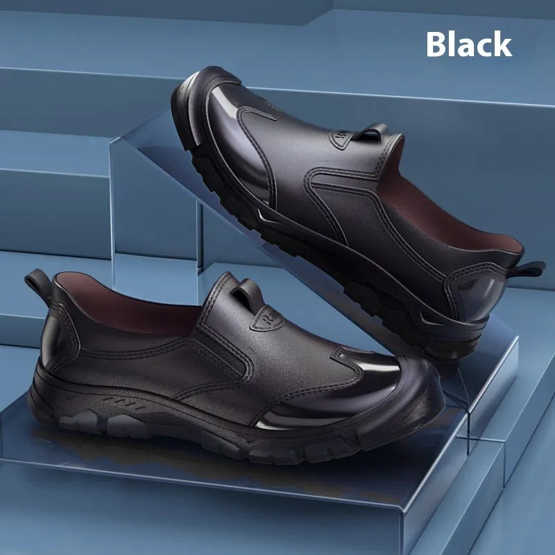 Korean-style PVC short tube rain boots with non-slip plastic soles in black-red colour combination
