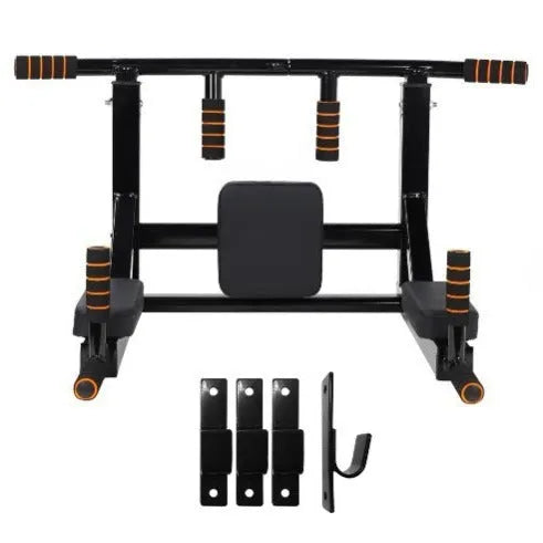 Black wall-mounted fitness equipment with sandbag rack and single parallel bars for pull-ups