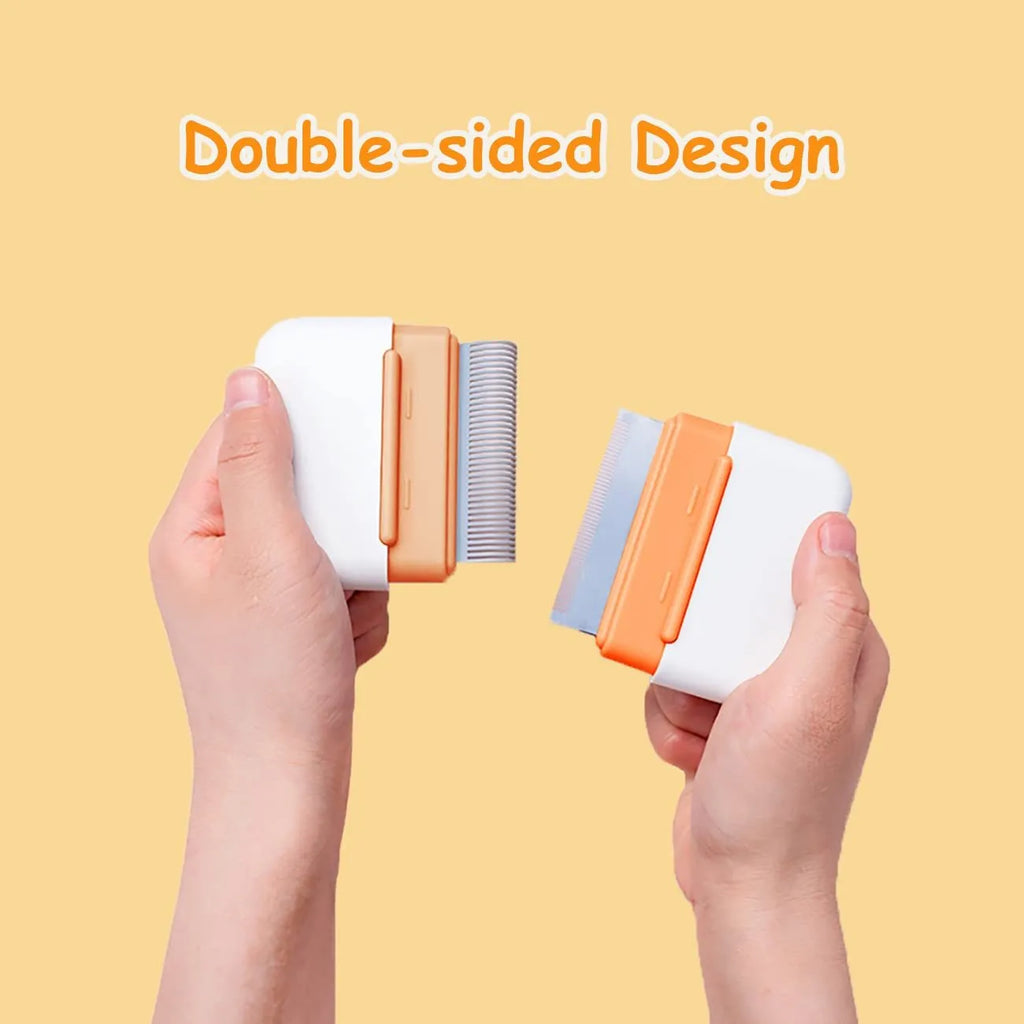 Blue double-sided pet grooming comb for cats and dogs on a grey background