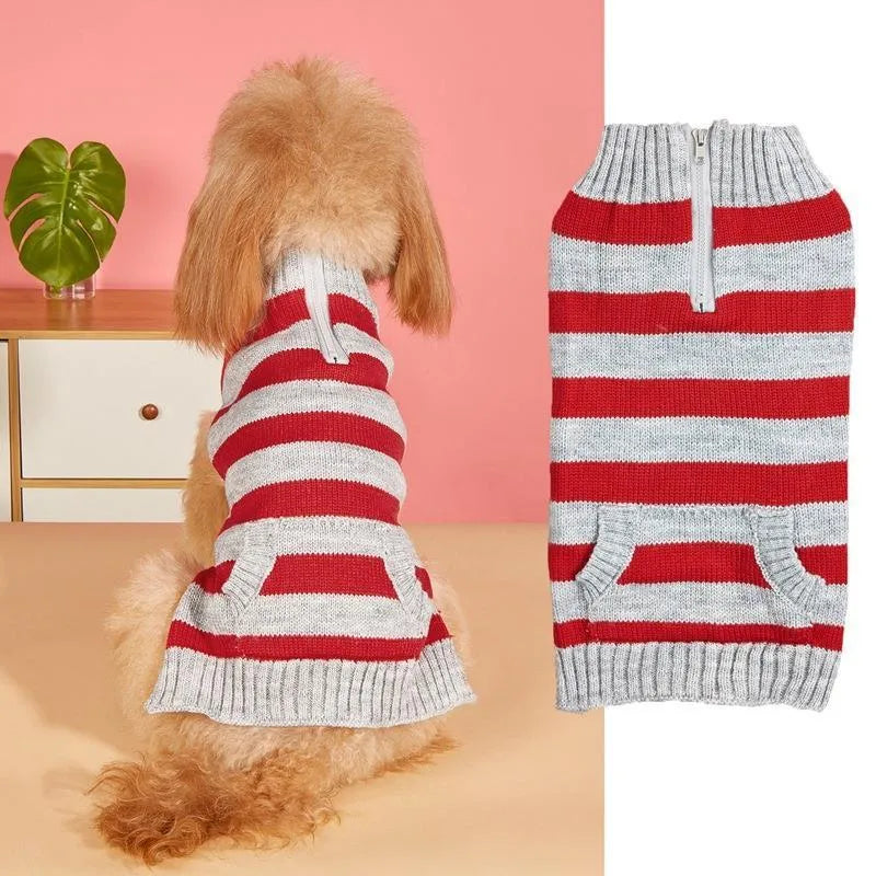 Grey acrylic knit dog sweater with horizontal side zip and a chest pocket on a small dog.