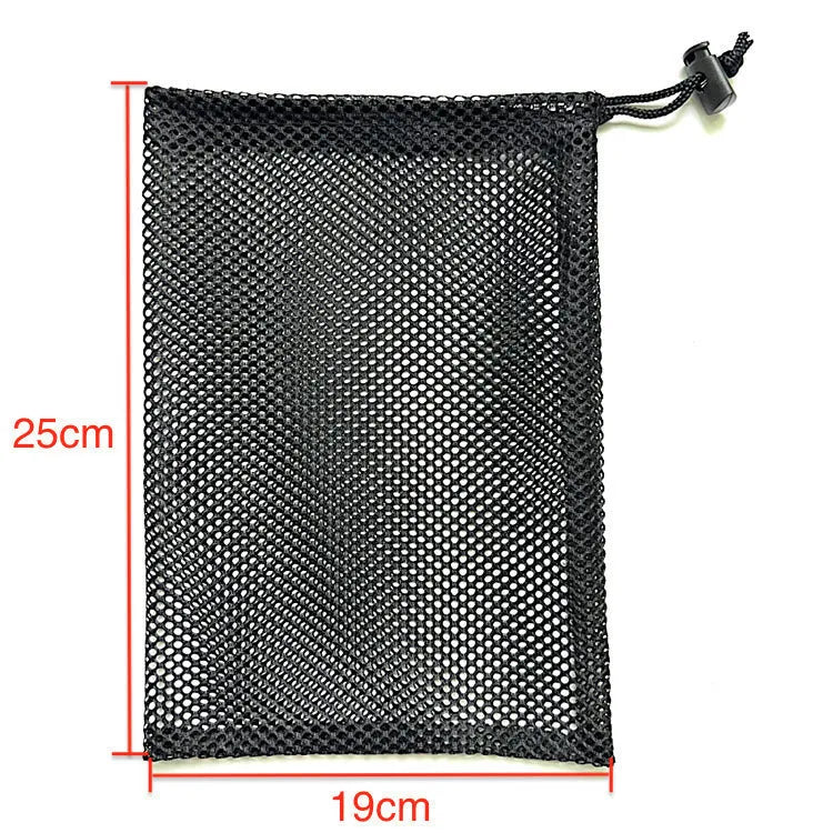 Black mesh drawstring storage bag for children's toys in three size options.