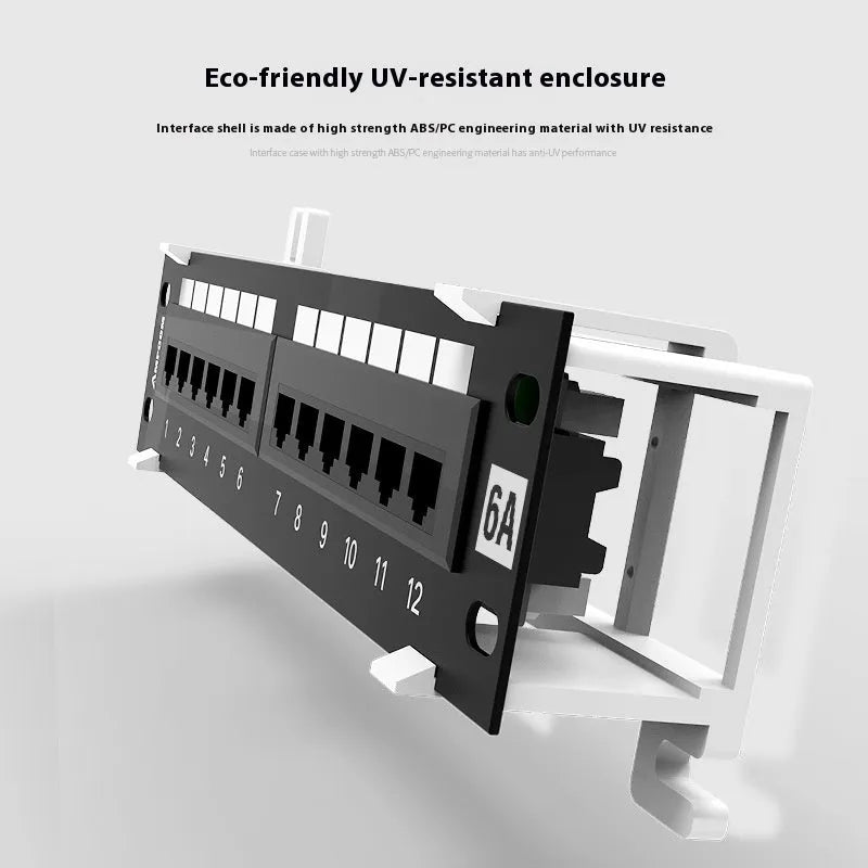 Black 12-port unshielded network distribution frame with hook bracket, supplied with routing knife and accessories.