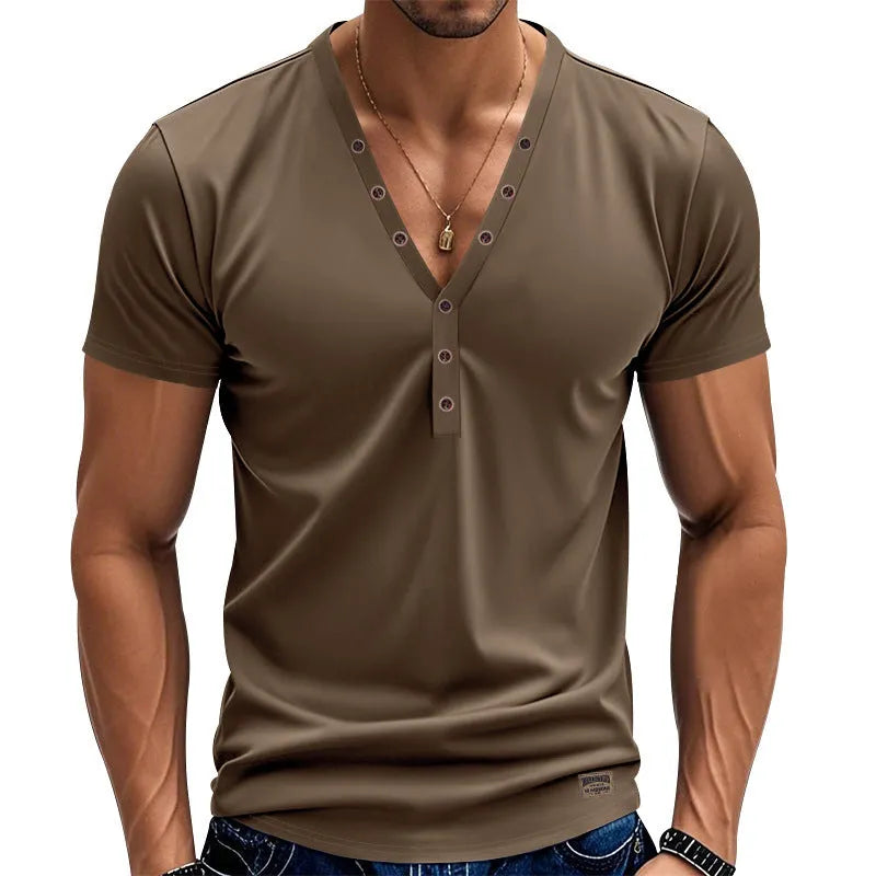 Men's loose V-neck pullover top with button detail in solid colour options
