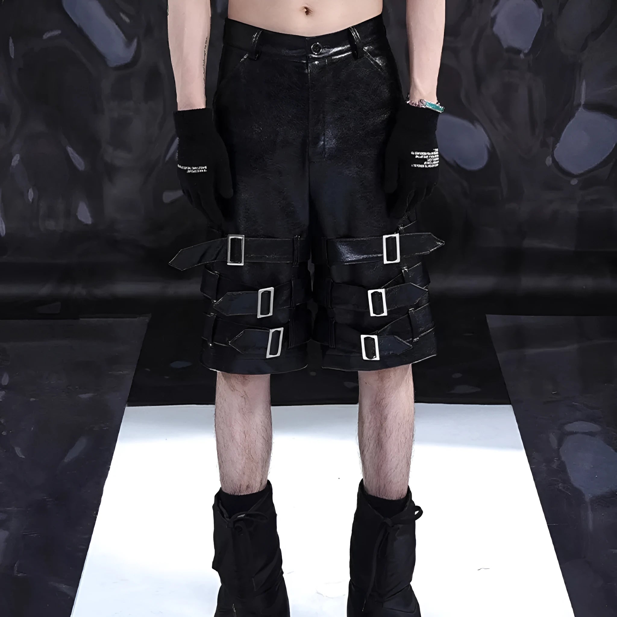 Men's black PU leather ring casual shorts made from stretch spandex fabric.