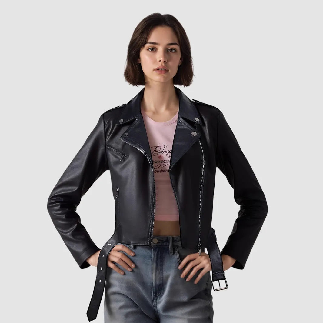 Women's black PU leather motorcycle-style jacket with lapel collar and waist belt