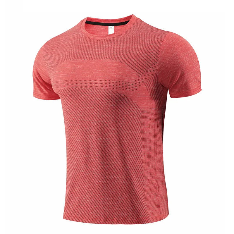 Men's short sleeve running t-shirt in polyester spandex fabric on a hanger
