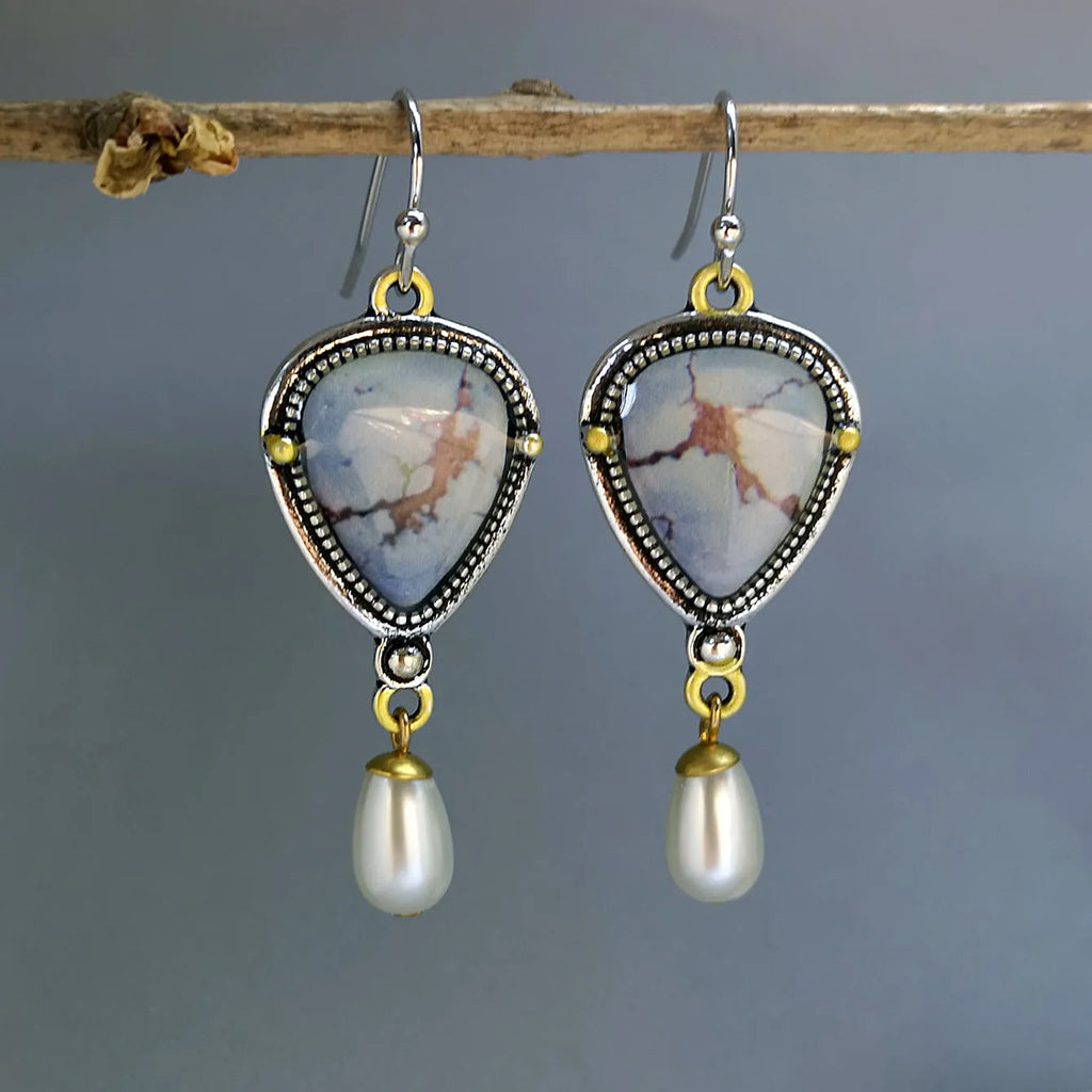 Retro blue geometric drop earrings with synthetic opal and pearl details