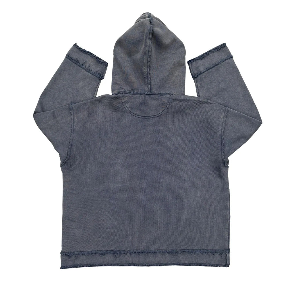 Dark blue hoodie sweater with back graphic design and kangaroo pocket