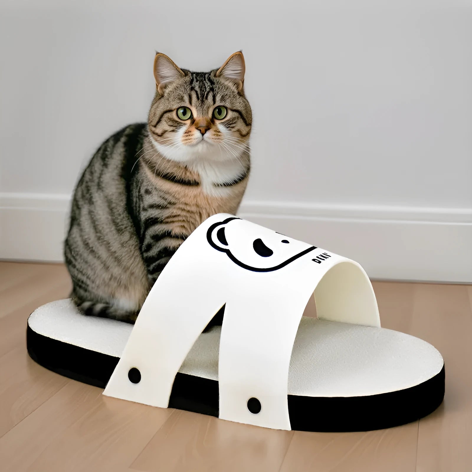 White slipper-style corrugated paper cat scratch board on flat surface