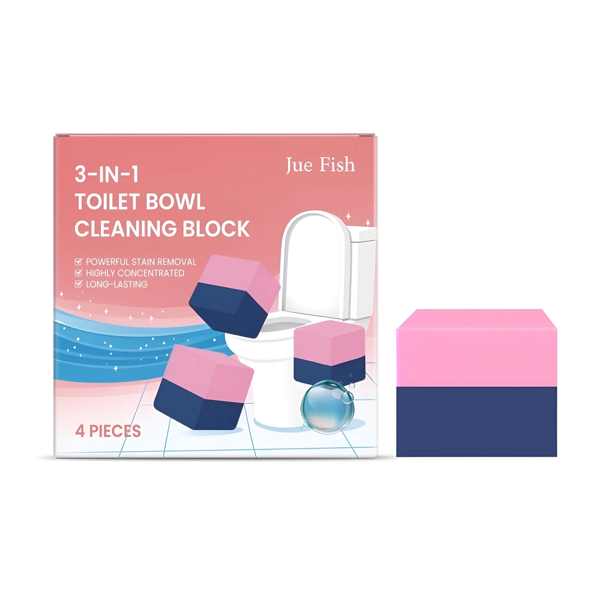 Four pack of 3-in-1 toilet cleaning blocks with sodium bicarbonate and citric acid formula for cistern installation