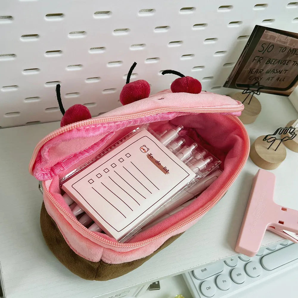 Cherry cake plush velvet pencil case with zip closure in Korean style
