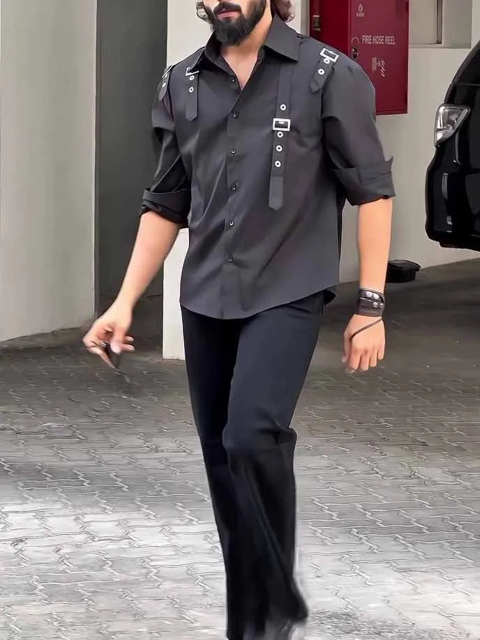 Men's black utility-style button-up shirt with a regular fit and button front.