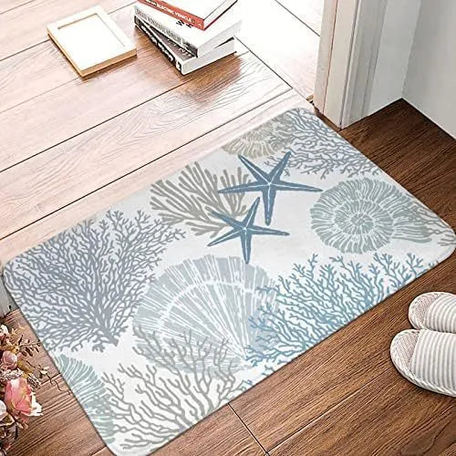 Personalised flannel floor mat in square shape showing coastal starfish and fruit print options