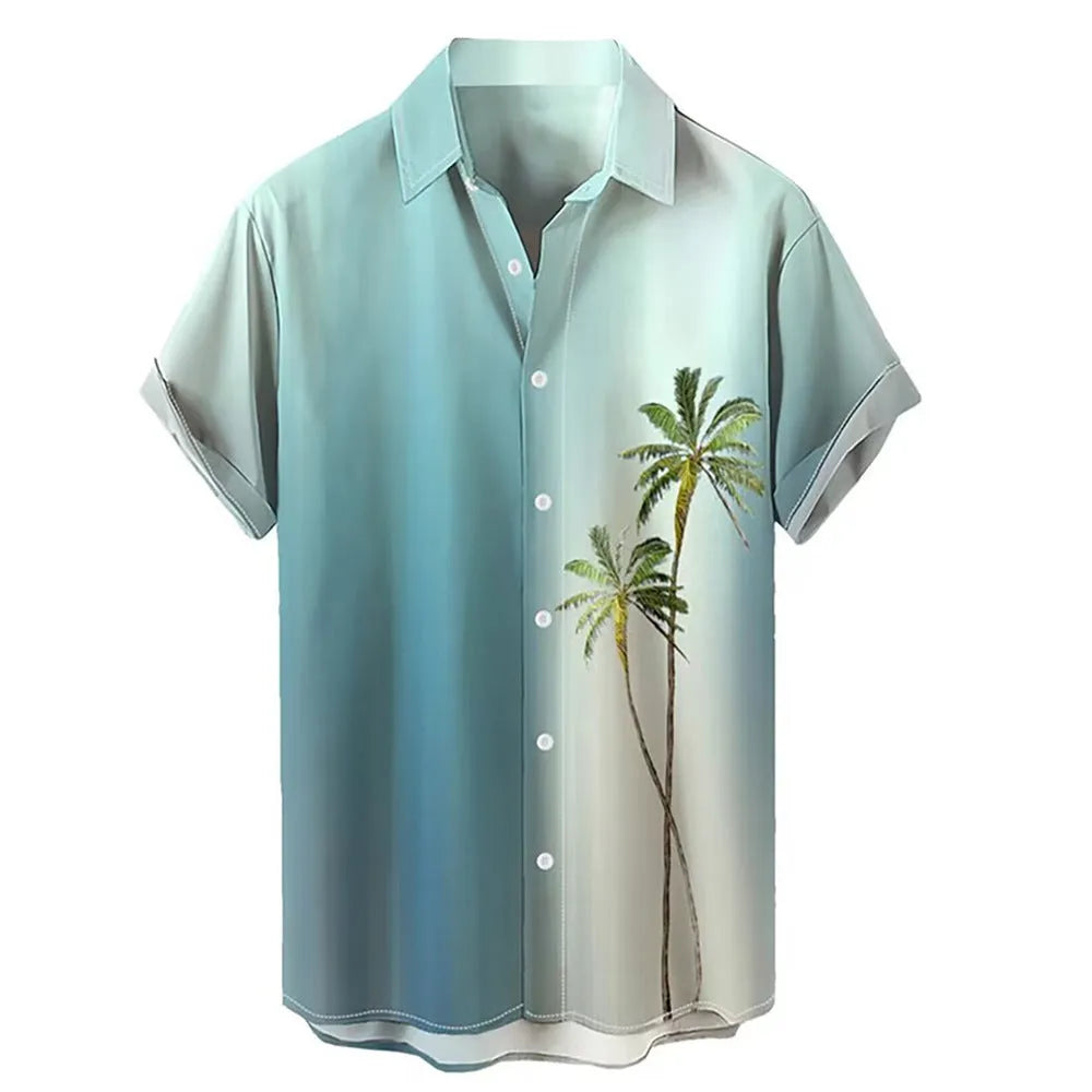 Men's short-sleeved Hawaiian shirt with a colourful 3D printed pattern on a polyester blend fabric.