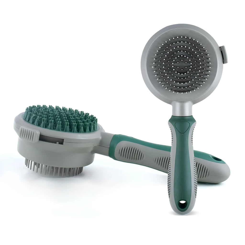 Green and pink 2-in-1 silicone pet grooming brush showing slicker brush side and massage side