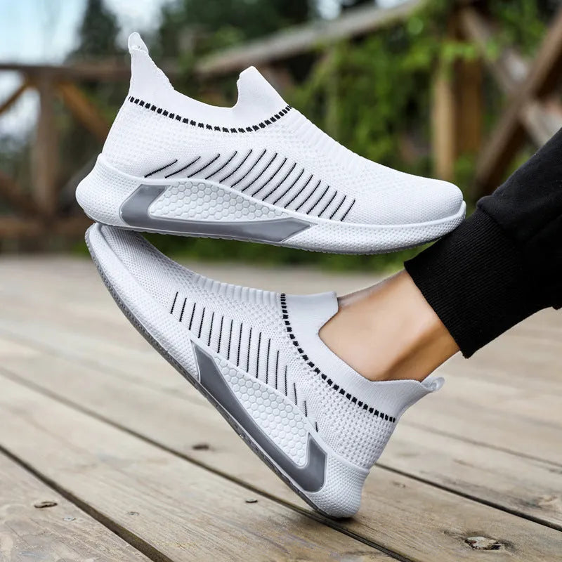 Men's mesh sock shoes with striped design, lightweight slip-on sneakers in black colour