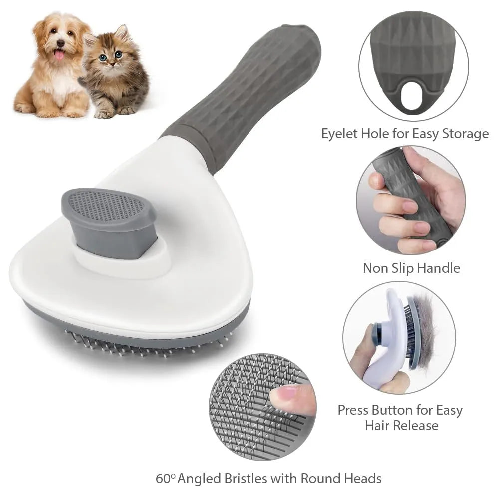 Blue cat grooming brush with a release button and fine wire bristles for removing loose pet hair.