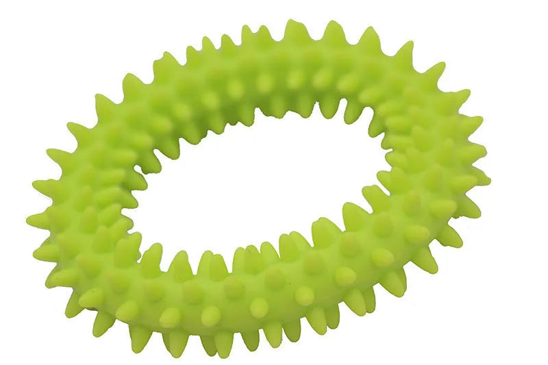 TPR spiky circle ring dog chew toy in assorted colours showing dental cleaning nubs
