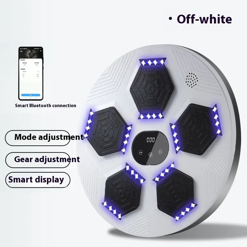 Smart wall-mounted boxing reaction target with LED lights on a grey PU surface.