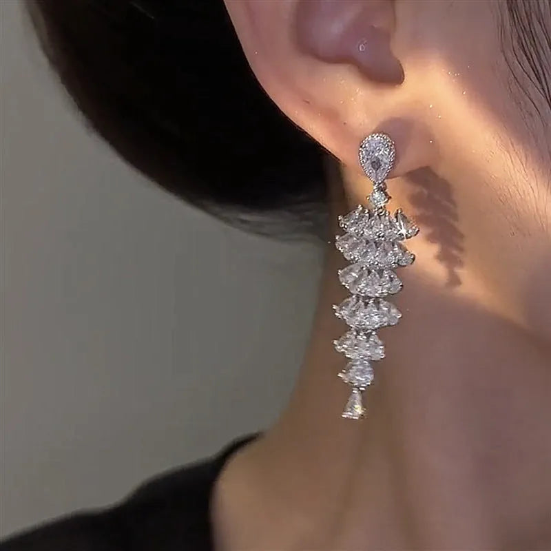 Silver pagoda Christmas tree drop earrings with sparkling zircon stones and stud fastening