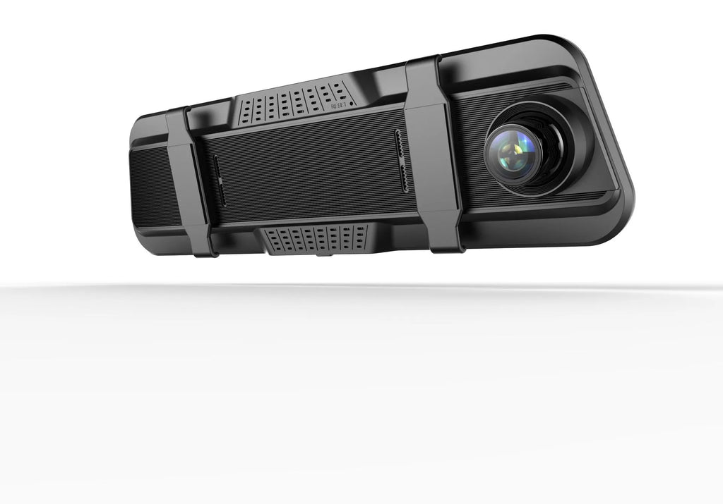Dual-lens car driving recorder with a large touch screen, shown in black, gold grey, and blue grey colour options.