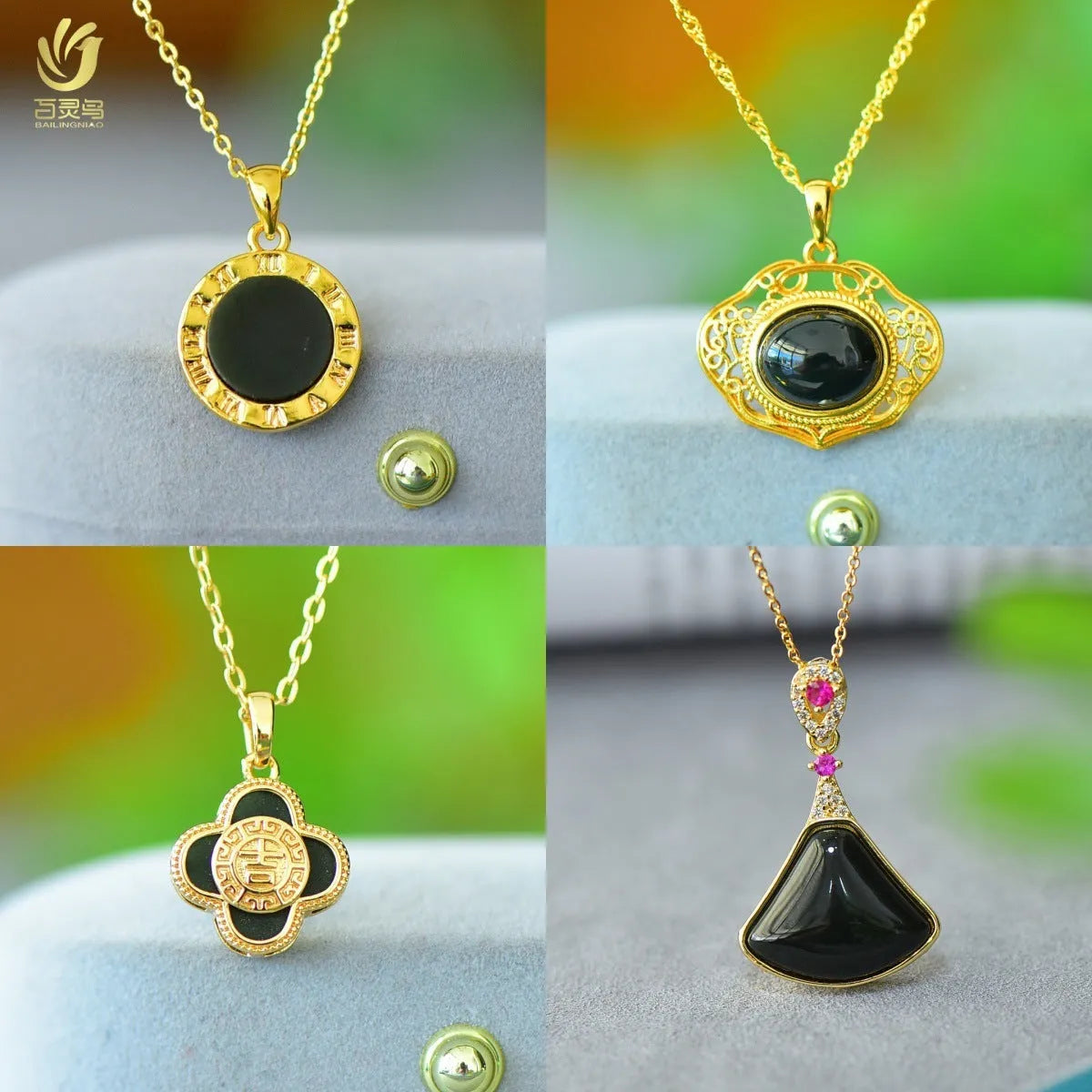 Flat grey Hetian jade pendant with copper wire inlay decoration and ink blue jade accents on a necklace.