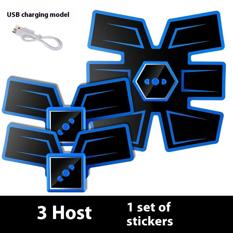 Eight abdominal massage patches for waist reduction in black and blue colours with PU leather, silicone and ABS construction