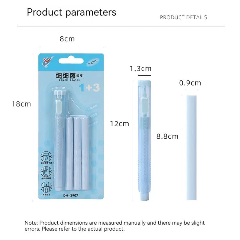 Children's automatic push eraser in four colour options showing compact 12x8cm size