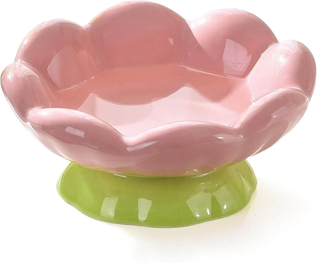 Ceramic Raised Cat Bowl Shallow Wide Flower Design Anti-Vomiting And Whisker Fatigue Non-Slip Tilted 15-Degree Angle Cute Cat Food And Water Bowls For Indoor Cats Pink