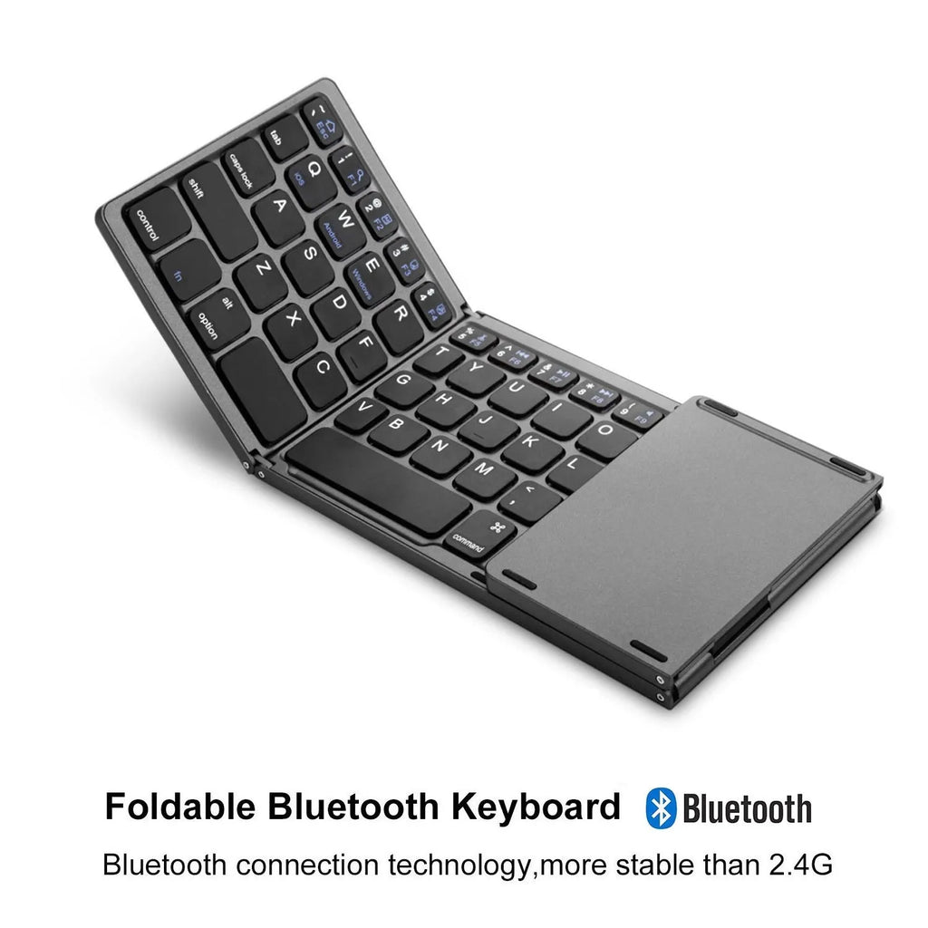 Mini tri-fold Bluetooth keyboard shown open and folded, with black and silver colour options