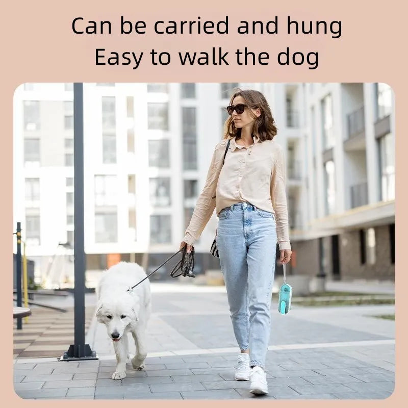 Blue portable pet water bottle with foldable silicone drinking bowl extended, showing carrying strap.