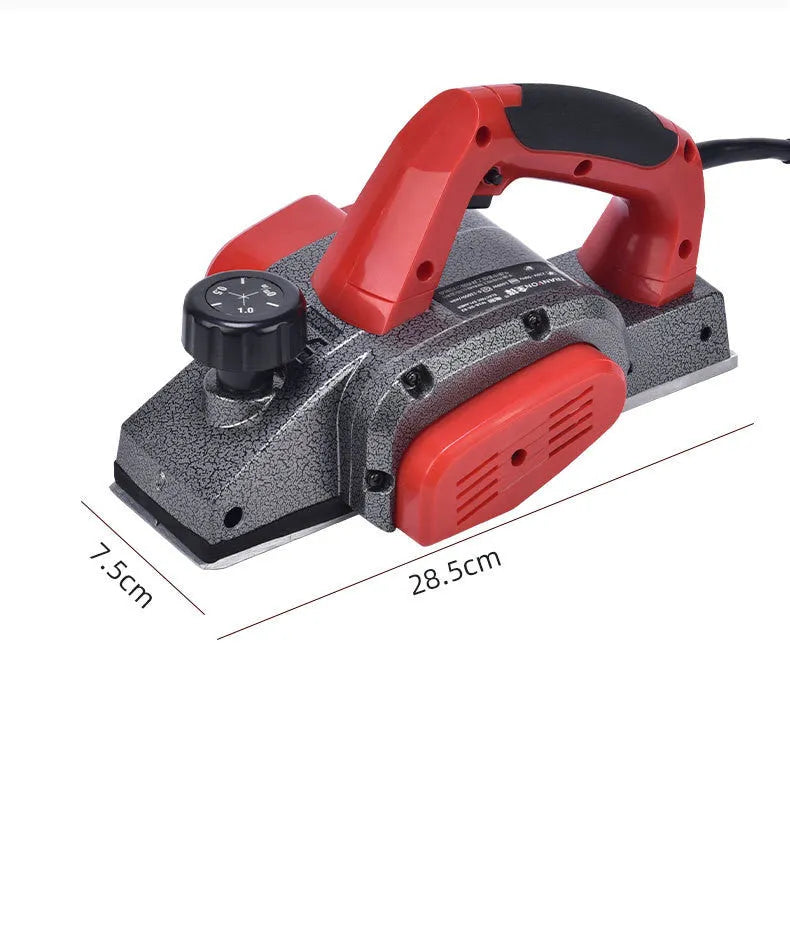 Red aluminium shell electric wood planer tool showing 82mm planing width