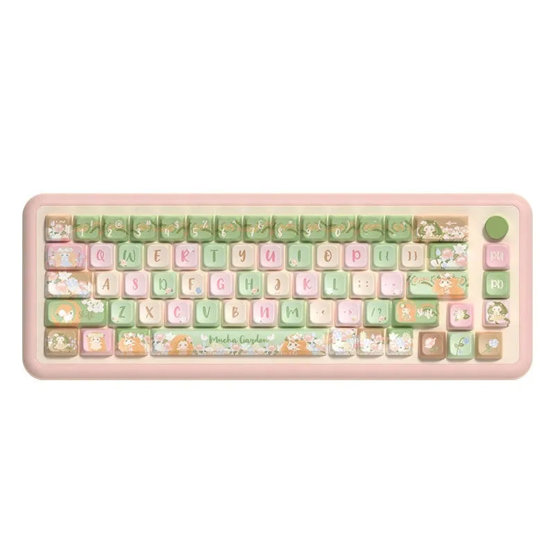 Custom sublimation printed mechanical keyboard keycap set showing graphic design, available in 138-key or 158-key configurations.