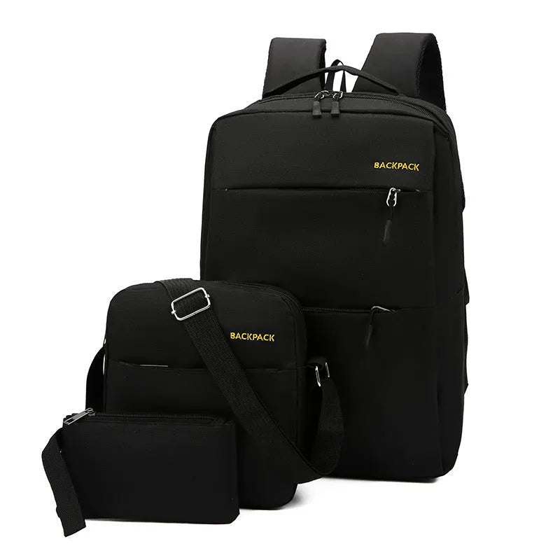 Men's three-piece computer bag set in black with USB charging port and multiple compartments