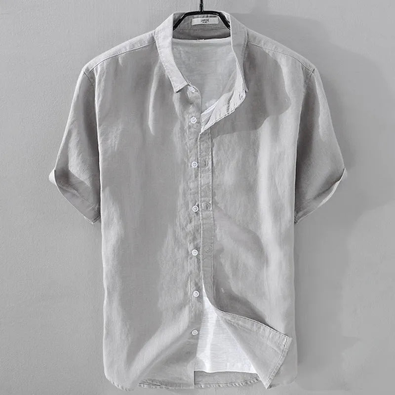 Men's loose fit short sleeve shirt in cotton linen blend fabric available in multiple solid colours