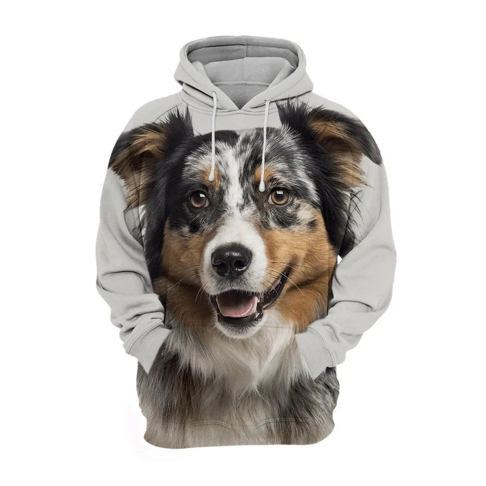 Animal dog 3D printed hoodie pullover in orange and black pattern on a fabric background