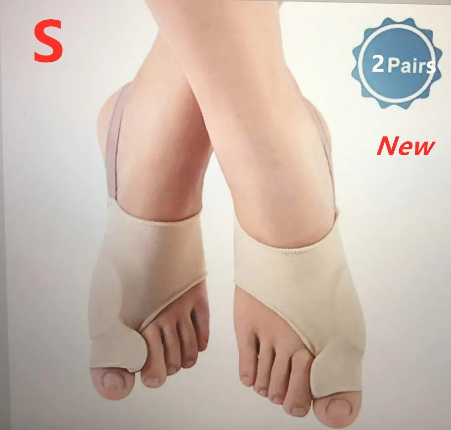 A pair of stretch fabric bunion socks with a soft gel pad and silicone toe separator in sizes small, medium, and large.