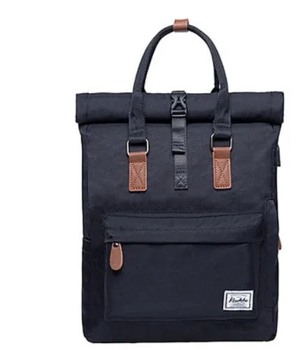 Polyester casual backpack with cover opening showing internal computer and zipper pockets