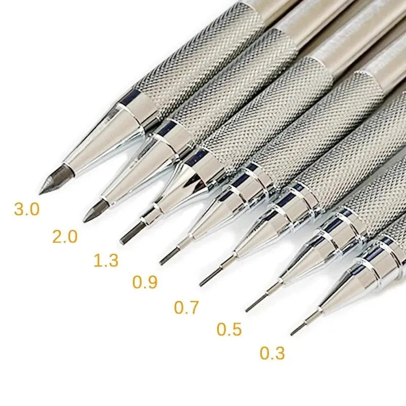 Metal automatic mechanical pencil with 0.5mm to 2.0mm lead size options