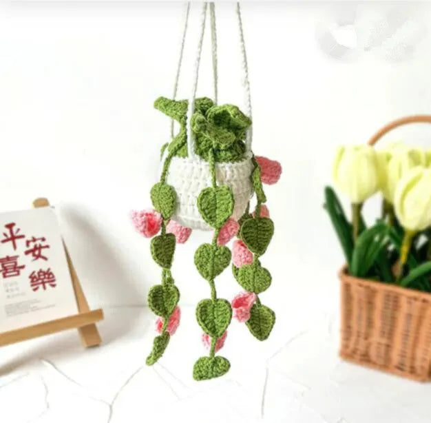 Green and white knitted wool car plant decoration with 25cm hanging rope