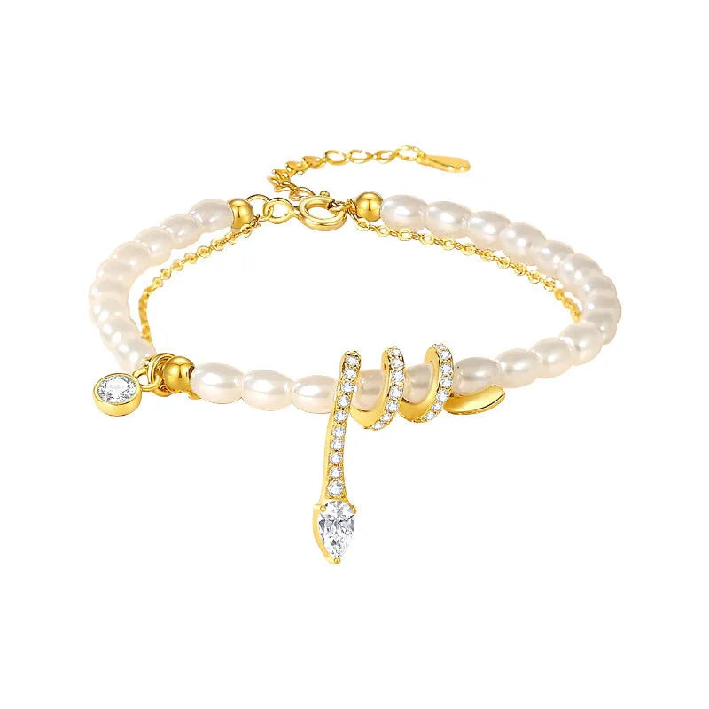 925 silver bracelet with geometric pearl snake design in electroplated gold tone