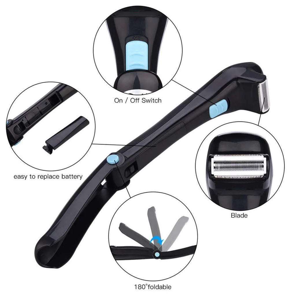 Black women's electric body shaver with folding hair back compartment for battery-powered hair removal