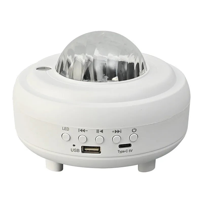 White Bluetooth galaxy star projector night light showing starry sky projection on ceiling