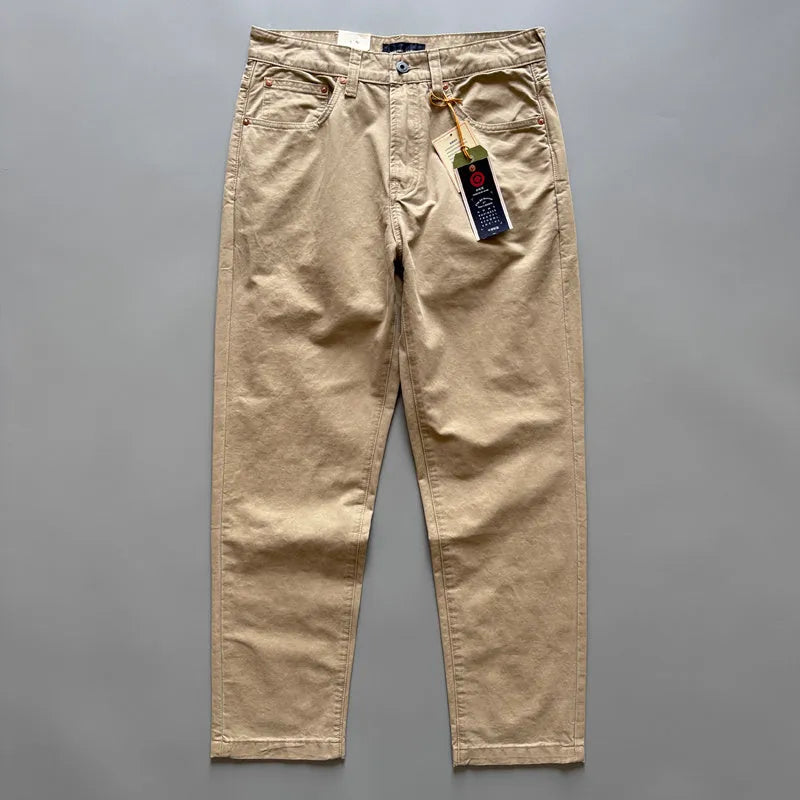 Men's straight-leg casual cotton trousers in army green, shown laid flat.