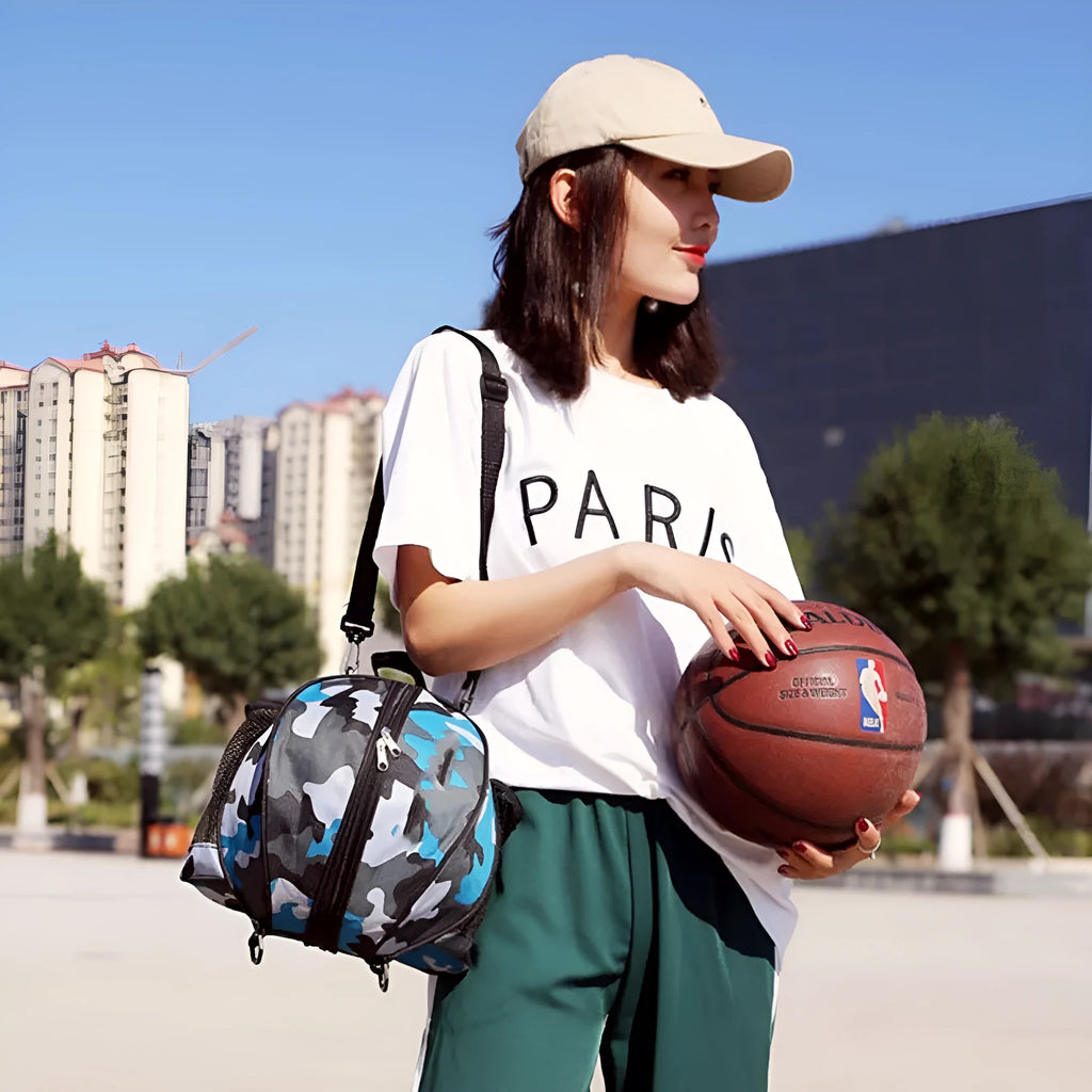 Oxford cloth basketball bag with 9L capacity showing one-shoulder and two-shoulder carrying options